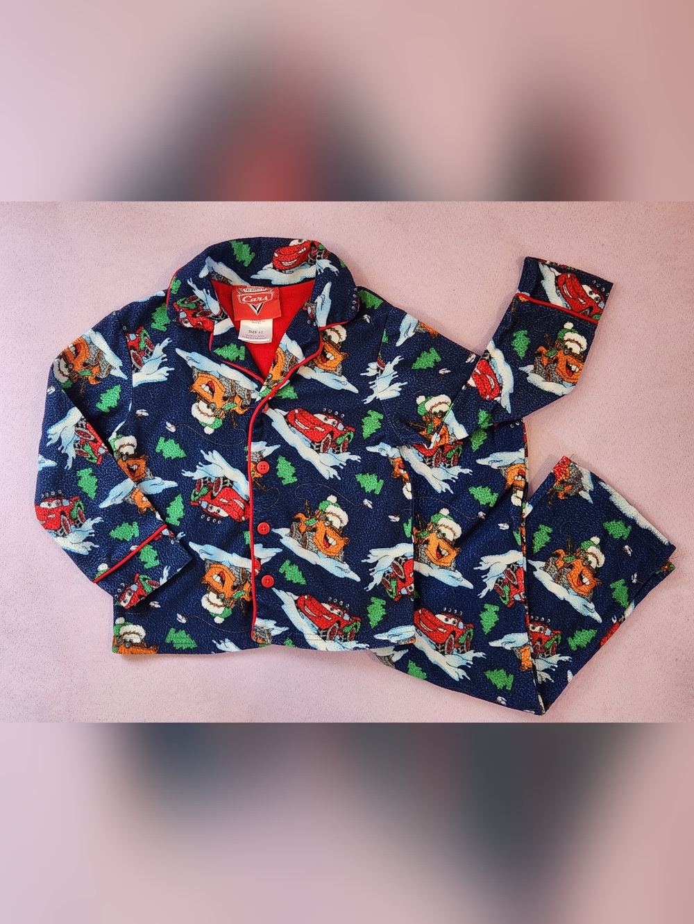 2009 Pixar Cars Christmas Lightening McQueen & Mater 5T Flannel 2 Piecd Pajamas